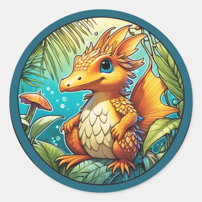 Sticker Rond Dinosaure Imaginaire mignon (Devant)