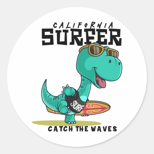 Sticker Rond Dinosaure portant une planche de surf (Devant)