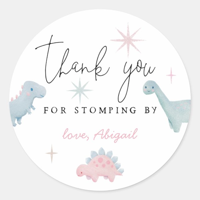 Sticker Rond Dinosaure Rose Anniversaire Stomping Par Faveur (Devant)