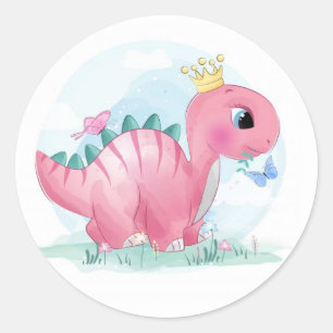 Sticker Rond Dinosaure rose bébé avec couronne