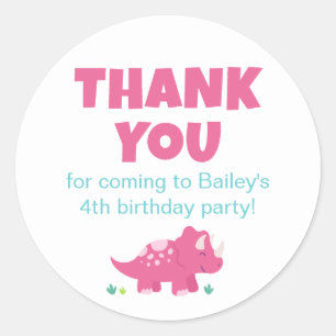 Sticker Rond Dinosaure rose Merci de fête d'anniversaire