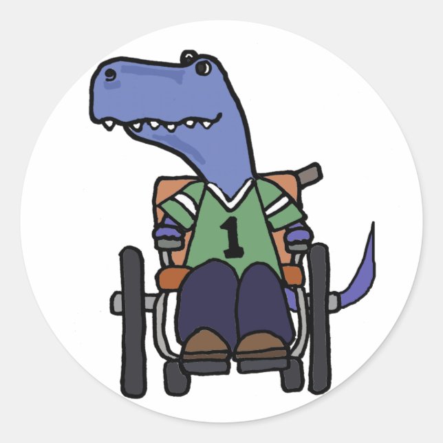 Sticker Rond Dinosaure T-rex mignon en fauteuil roulant (Devant)