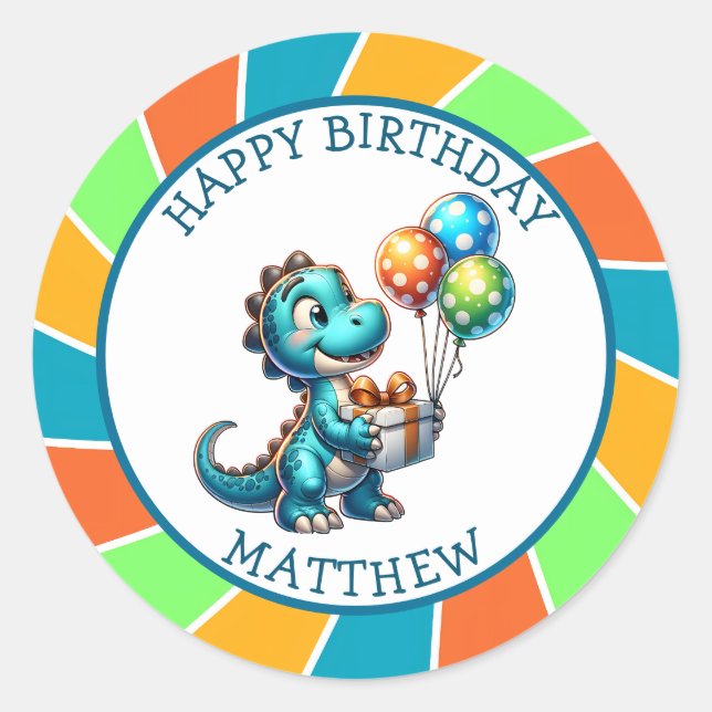 Sticker Rond Dinosaure thème fête d'anniversaire de l'enfant Pe (Devant)