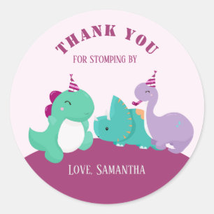 Sticker Rond Dinosaures rose mignon Anniversaire Merci Favorise