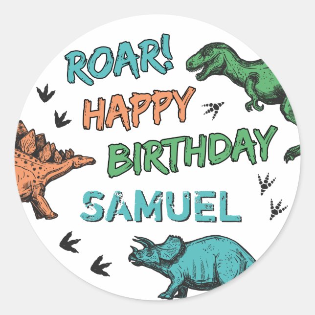 Sticker Rond Dinosaures Stomp Chomp Roar Anniversaire fête, n'i (Devant)
