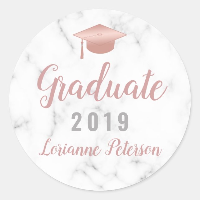 Sticker Rond Diplôme 2023 Marbre blanc Rose Gold Casquette (Devant)
