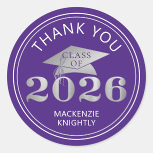 Sticker Rond Diplômé 2026 Merci Violet Faux Argent Feuille méta