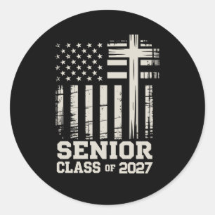 Sticker Rond Diplômé Chrétien de la Promotion 2027 Drapeau USA 