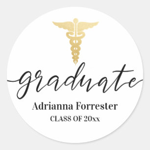 Sticker Rond Diplômé Faux Gold Foil Caduceus Infirmière Méd