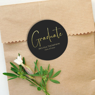 Sticker Rond Diplômé Or Noir Simple Minimaliste Grad