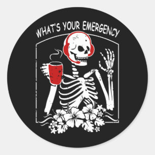 Sticker Rond Dispatcher Squelette éffrayant 911 Halloween Ce qu