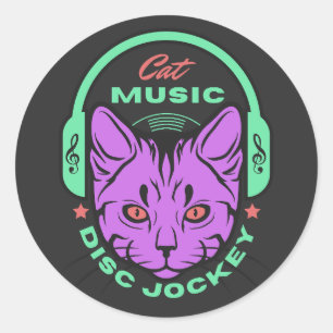 Sticker Rond Disque de musique Cat Jockey