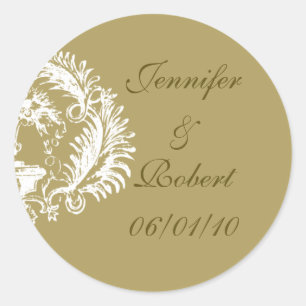 Sticker Rond Distinction : Gold et White Damask Design