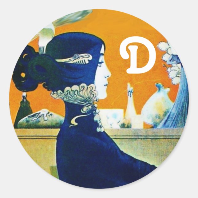 STICKER ROND DIVA EN BLEU, MONOGRAMME DE MODE BEAUTÉ (Devant)