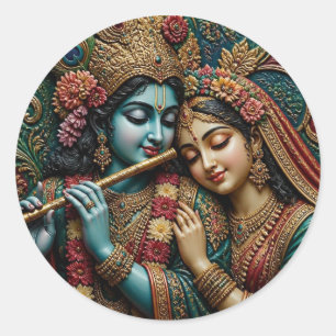 Sticker Rond Divin Krishna et Radha Art Traditionnel