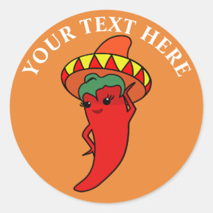 Sticker Rond Divinité Kawaii Pepper Chapeau Mexicain Rouge Chau