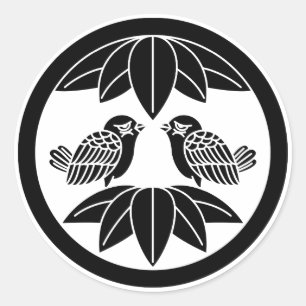 Sticker Rond Dix feuilles de bambou & moineaux faisant face en 