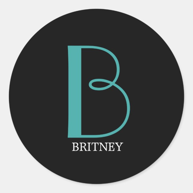 Sticker Rond DIY Large Monogram & Name, Teal/White Text, Black (Devant)