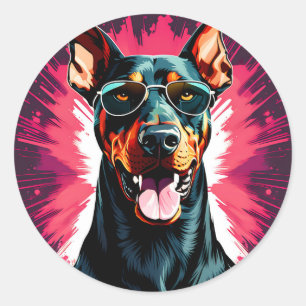 Sticker Rond Doberman Pinscher Avec Lunettes De Soleil