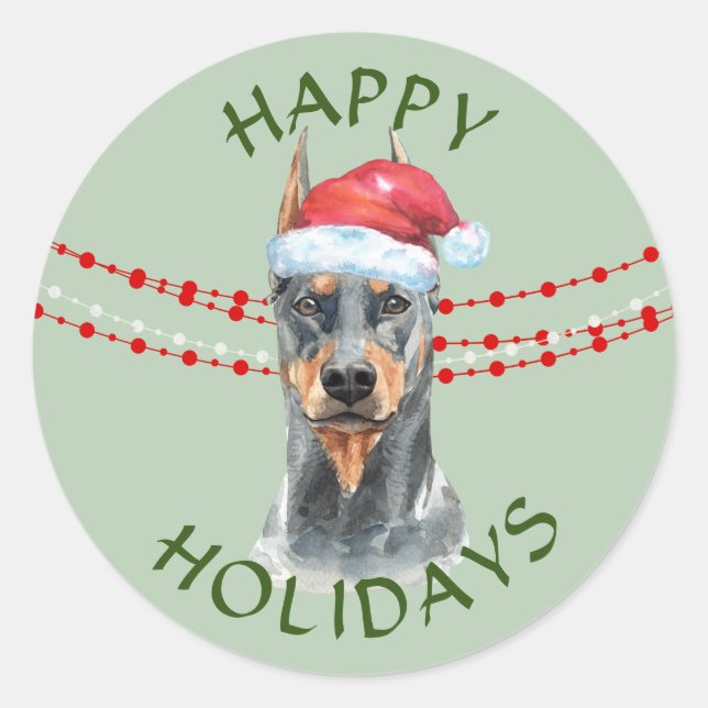 Sticker Rond Doberman Pinscher Santa Hat Joyeuses Fêtes (Devant)