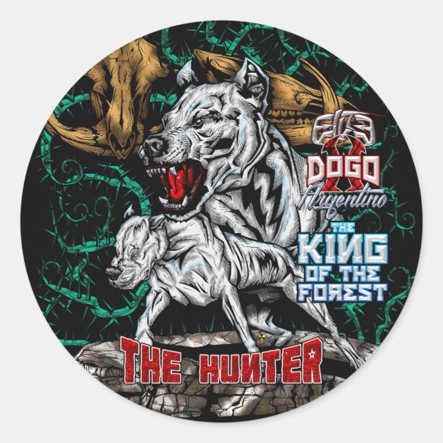 Sticker Rond DOGO ARGENTINO - Le chasseur - Roi des forêts (Devant)