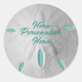 Sticker Rond Dollar de sable plage océan été turquoise blanc