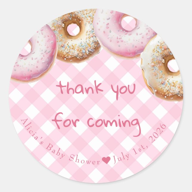 Sticker Rond Donut | En vichy rose Baby shower fille Merci (Devant)