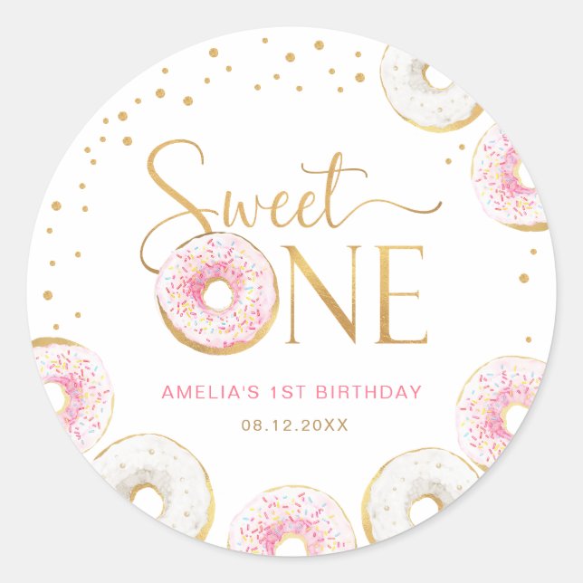 Sticker Rond Donuts d'or rose doux un 1er anniversaire (Devant)