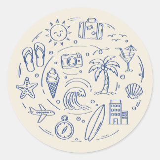Sticker Rond Doodle de voyage d'été bleu dessiné à la main