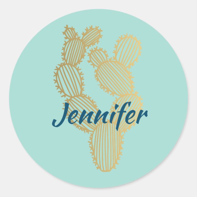 Sticker Rond Doodle Gold Prickly Cactus Personnalisé (Devant)