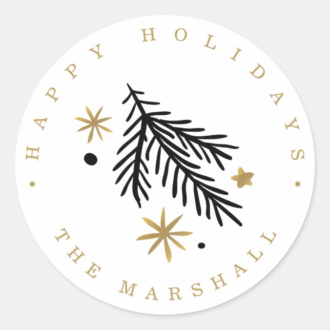 Sticker Rond Doodle noir pin d'or Noël Joyeux vacances (Devant)