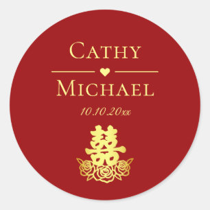 Sticker Rond Double bonheur élégant rose mariage chinois rouge