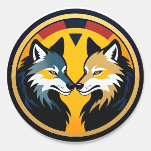 Sticker Rond Double Logo Emblème Loup Avec Cercle Doré