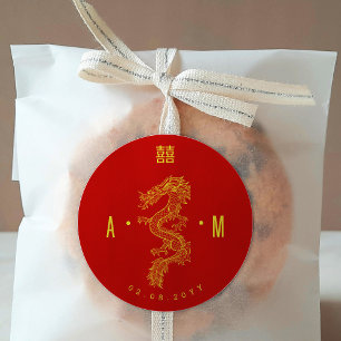 Sticker Rond Double Monogramme Mariage Dragon & Phénix