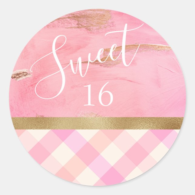 Sticker Rond Douce 16 Seize Or rose Abstraite Aquarelle (Devant)