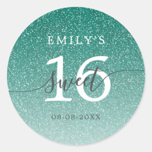Sticker Rond Douce 16 Vert Paillettes Ombré Nom personnalisé Da