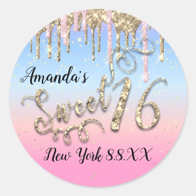 Sticker Rond Douce 16ème Partie Bleu Rose Gold Confetti Drips (Devant)