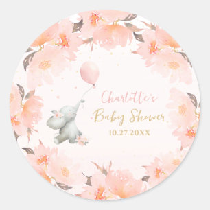 Sticker Rond Douce Baby-Show éléphant aquarelle Fille Florale