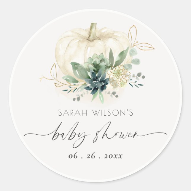 Sticker Rond Douce Baby Shower Citrouille Succulente Bleu Vert (Devant)