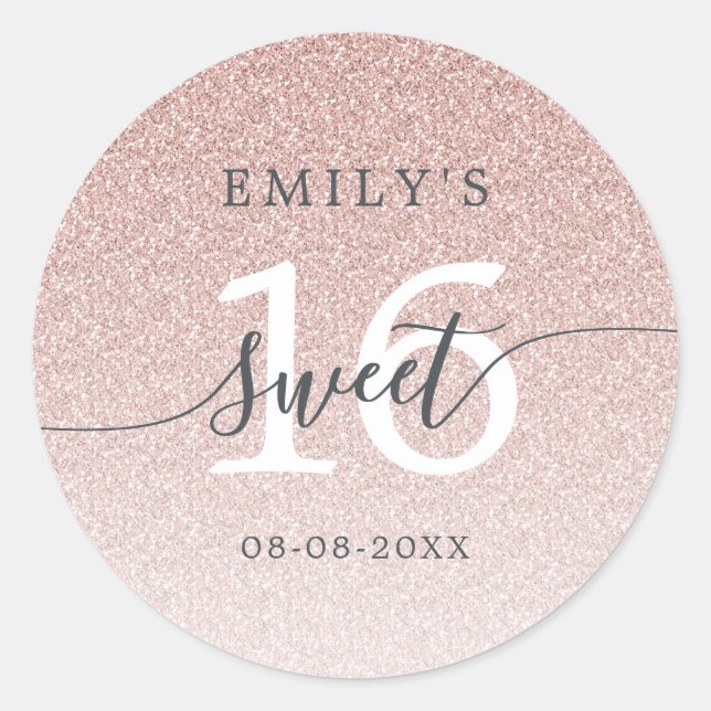 Sticker Rond Douce Fête 16 Rose Paillettes Ombré Nom personnali (Devant)
