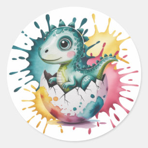 Sticker Rond Douce Fête de Bébé Dinosaure avec Éclaboussures d'