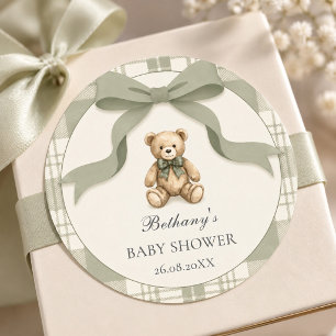 Sticker Rond Douce Fête de Naissance Ourson Gingham Vert Sauge