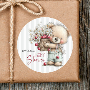 Sticker Rond Douce Fleurs Ourson Rayures Grises Baby Shower