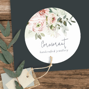 Sticker Rond Douce Florale Botanique de Pivoine Rose Pâle Feuil
