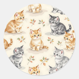 Sticker Rond Douce Ginger et chaton gris aquarelle sans couture
