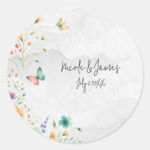 Sticker Rond Douce Mariage Papillon Fleur Aquarelle Colorée