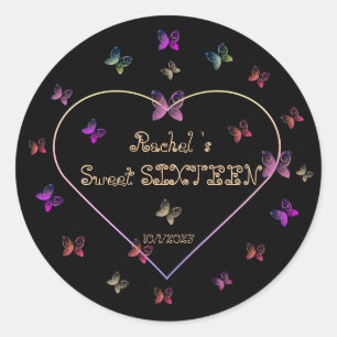 Sticker Rond Douces Papillons Cœur Rose Sweet 16 Anniversaire