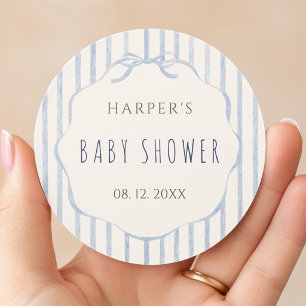 Sticker Rond Douces Rayures Bleues avec Baby Shower Cadre