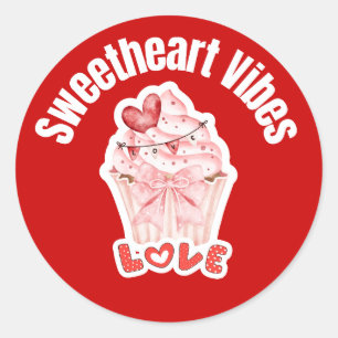 Sticker Rond Douces Vibrations Tasse de Cupcake LOVE Rouge Rond