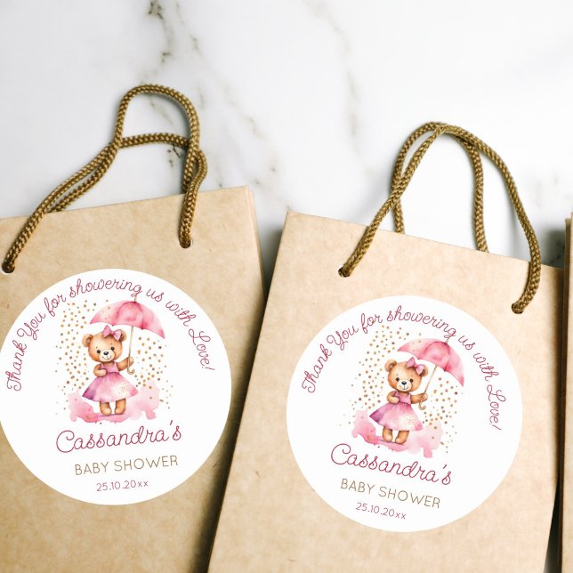 Sticker Rond Douche avec amour fille ours en peluche baby showe (Shower with love beary cute girl teddy bear baby shower thank you favor gift stickers pink umbrella)